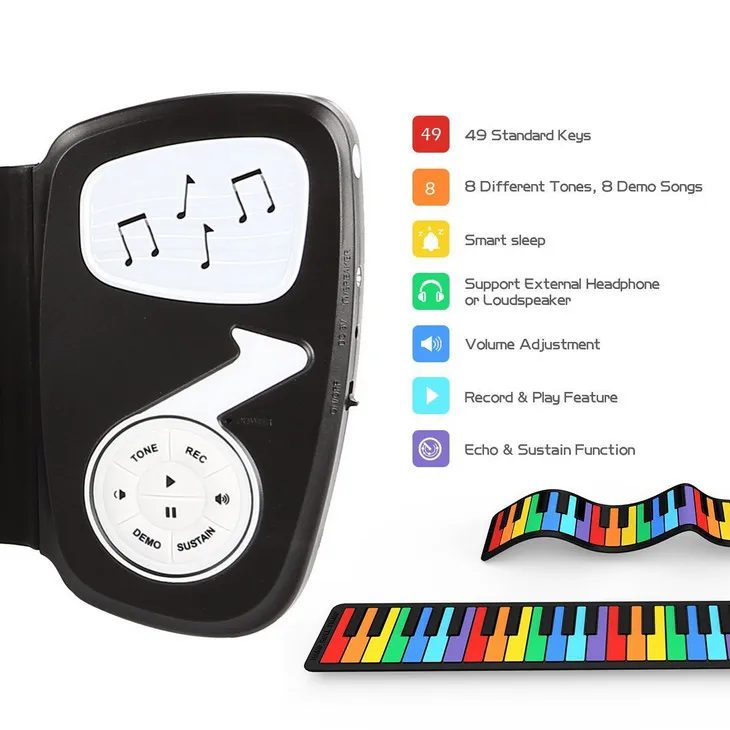 Portable Electronic Hand Roll Piano Silicone Keyboard Horn Flexible Roll Up Piano For Kids