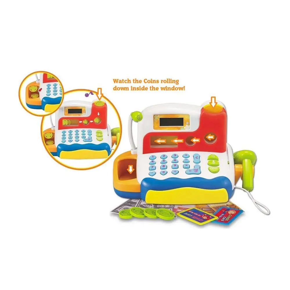 Durable Kids Cash Register Toy with Electronic Sounds, Microphone, Scanner, Calculator, and Pretend Play Food Set