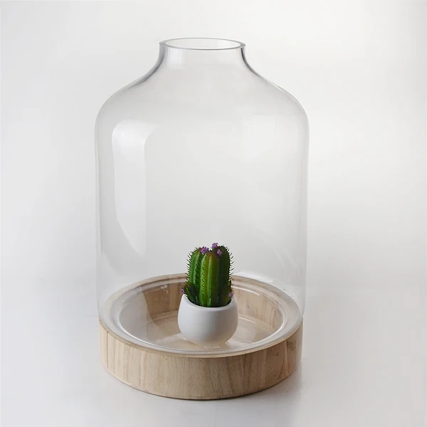 Large size glass flower vases with wood base
