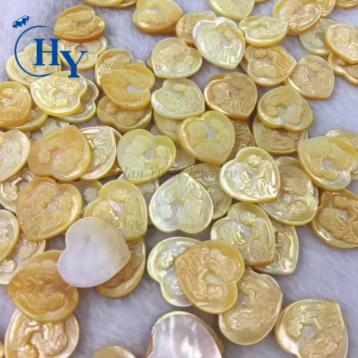 Yellow color Heart mother of pearl nature mop carving stones gifts