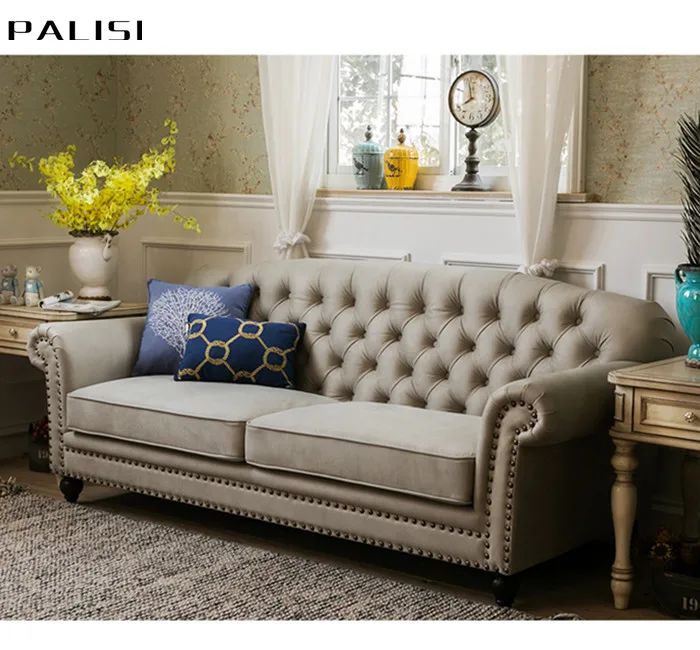 Tufted American Country Sofa Design 1 2 3 seat  Fabric Material Collocation Vintage Sofa Set Design Wood Legs