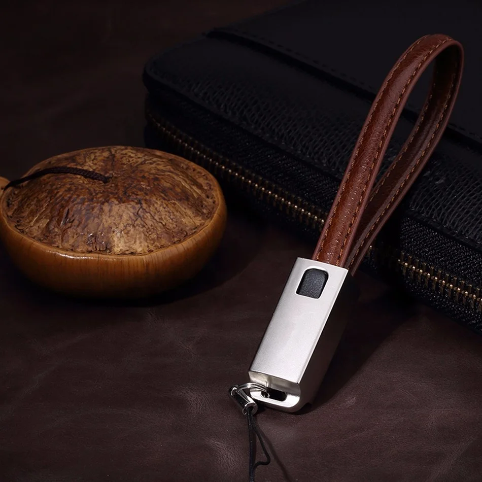 Factory high quality upscale 22CM PU leather Zinc alloy plug keychain Data USB Charging Cable for iphone for Samsung for Huawei