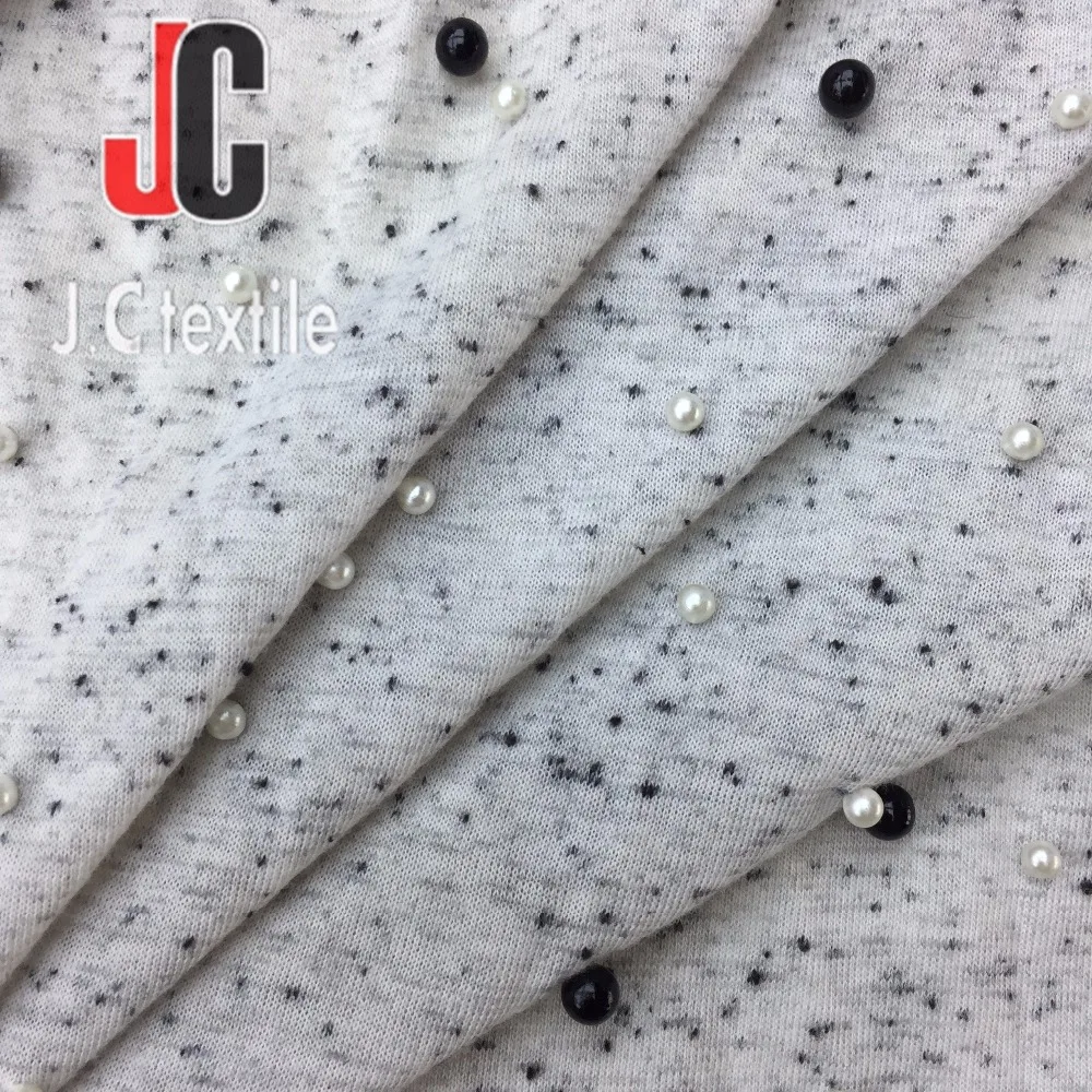 New fashion lurex fabric jersey knitted fabric with pearl embroidery