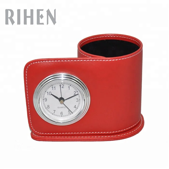 Офисный Настольный кожаный держатель для ручек, органайзер с часами