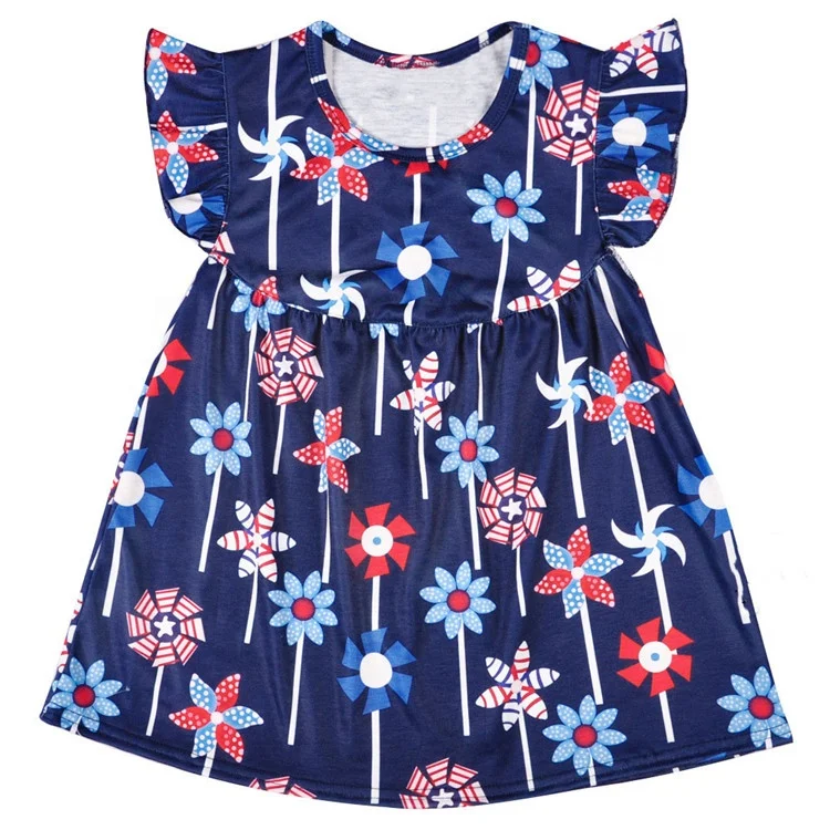 
Wholesale summer boutique kids flower flutter sleeve baby girls floral pearl dress 
