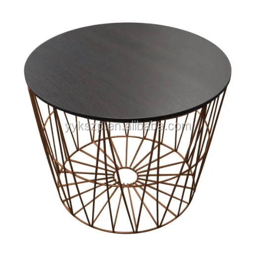 
Storage basket design metal wire frame coffee table set with solid wood cover 