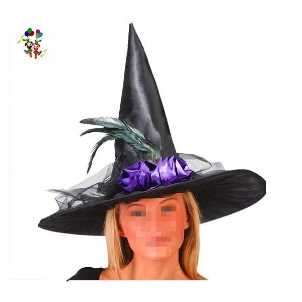 Children Fancy Dress Costume Black Halloween Witch Hats with Feathers HPC-0227