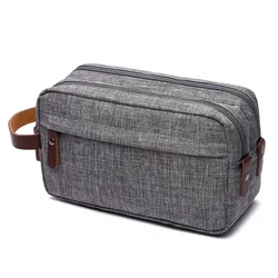 Travel traditional doppsac double zipper canvas mens toiletry bag shaving dopp case dopp kit bag with leather handle