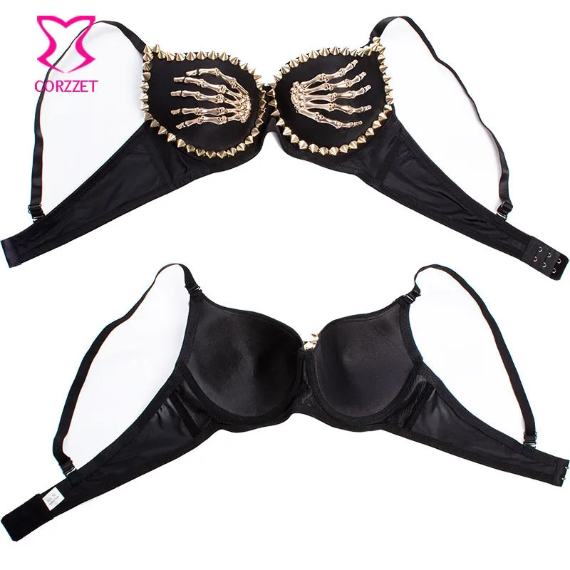 Corzzet Black Skull Hand Rivet Sexy Push Up Gothic Rock Pun bra