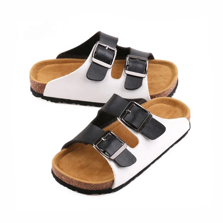Boys Cork Sole Slide Flat Sandals Open Toe Double Adjustable Buckle Hook Outdoor Slippers with soft foot bed for Summer