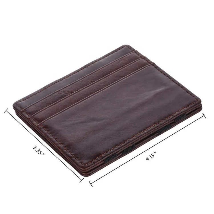 Custom Fashion Genuine Leather Minimalist RFID Blocking Slim Mens Money Magic Wallet with Elastic Straps
