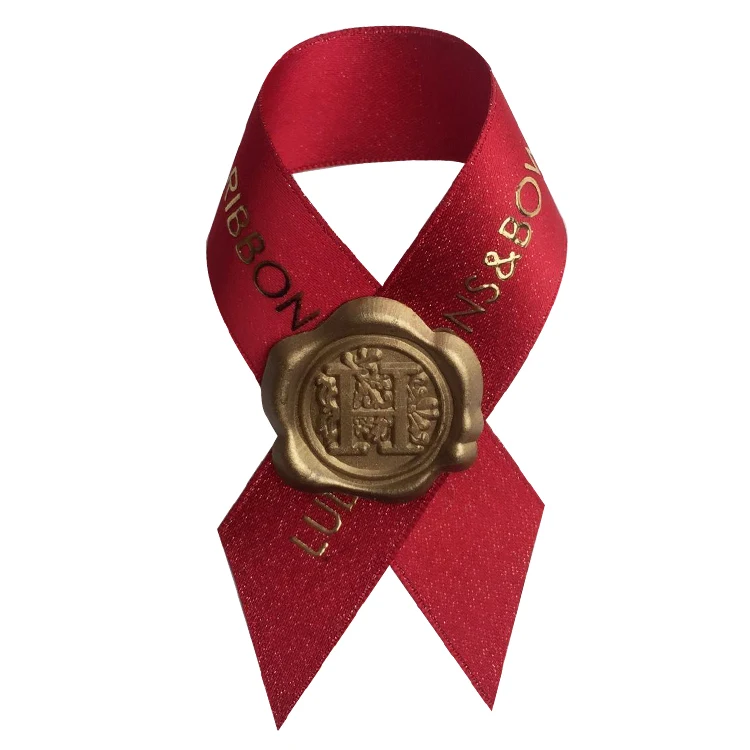 wine bottle neck decorative satin ribbon bow with wax seal hang tag label