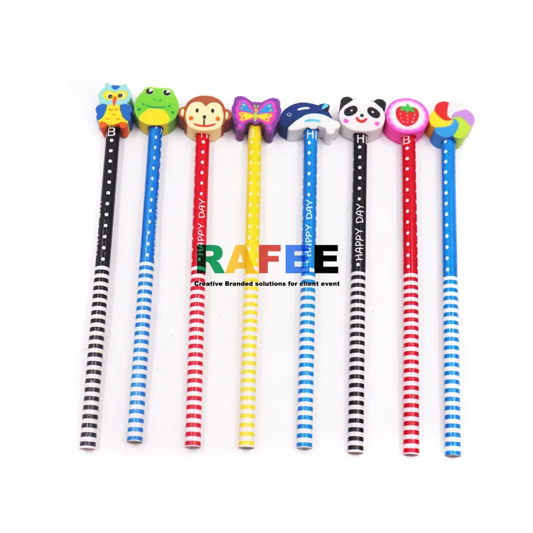 Office School Supplies Students Children Gift  Colorful Stripe Wooden Pencil With DIY Detachable Novelty Cartoon Animal Eraser
