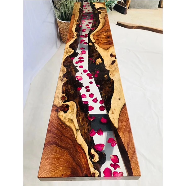 
The latest modern petals embedded transparent river epoxy resin conference table wooden restaurant table 