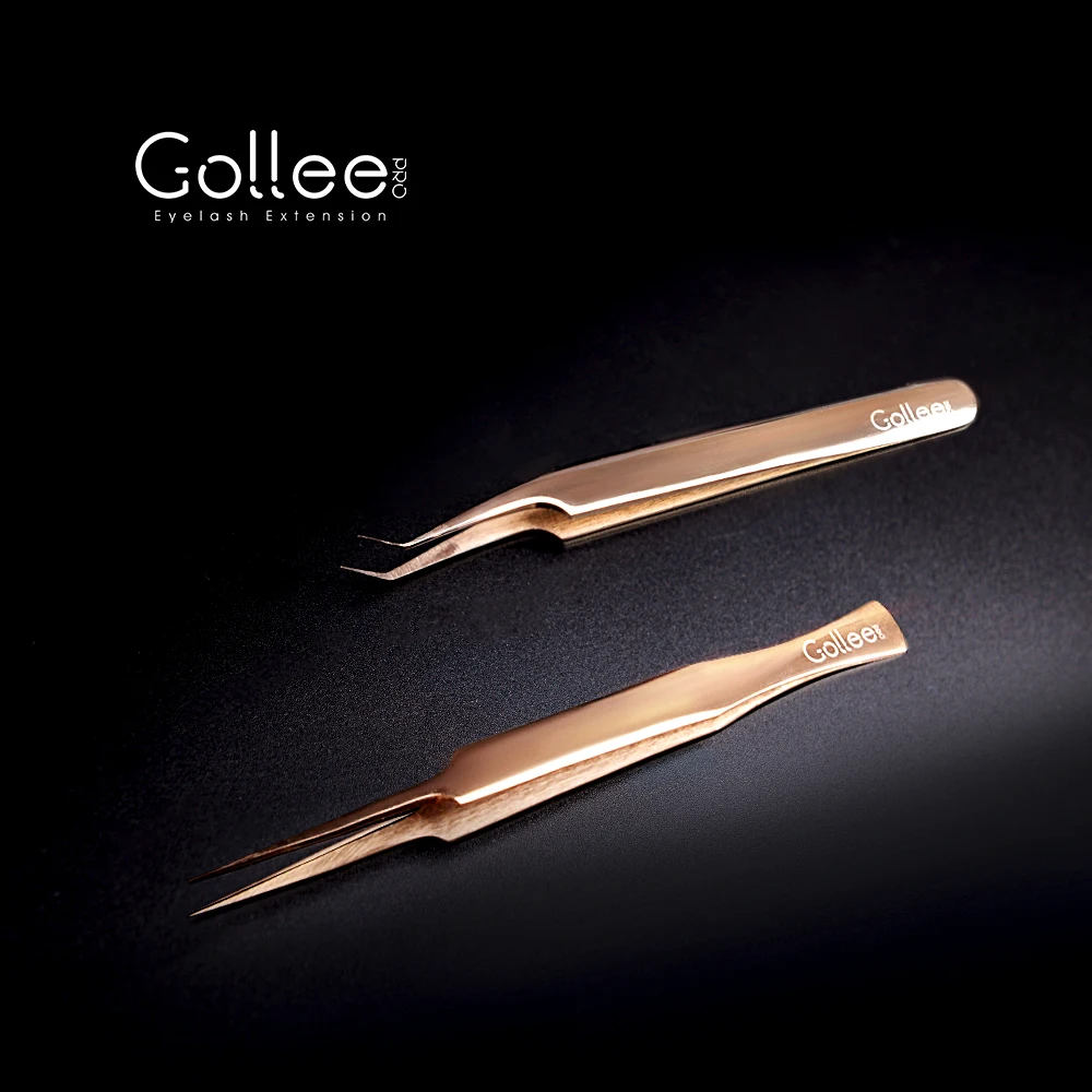 Gollee 3D-6D Precisely Right Curved Gold Stainless Steel Volume Private Label Eyelash Tweezers