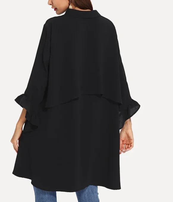 Special cutting ladies ruffle French cuff high low three quarter 3/4 length sleeve shirts for mature women tops and blouses