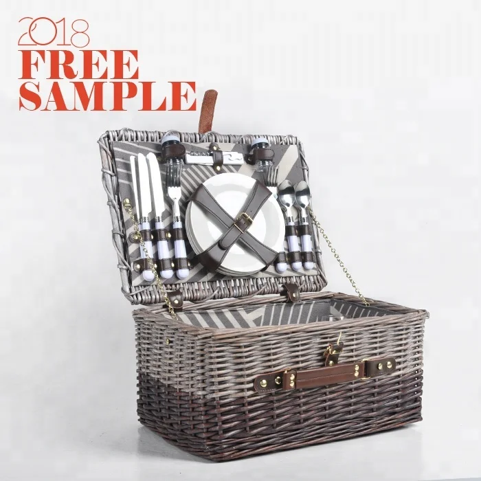 Handmade Natural Rattan Wicker Picnic Basket Set For 4 Person