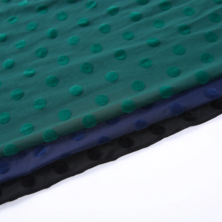 
Custom wholesale green polka dot design polyester mesh flock printing fabric knitted 