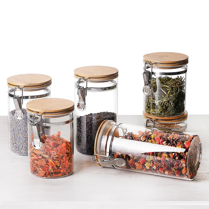 Clear Borosilicate Glass Food Storage Jar Canister with Airtight steel  buckle Locking Clamp Bamboo Lids