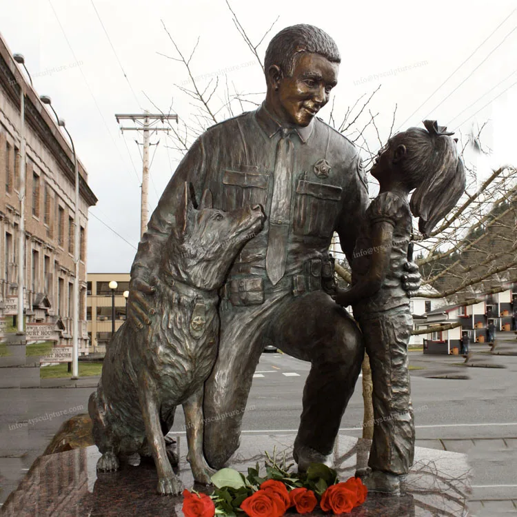 large square decor bronze figure statues soldier and little girl with dog sculpture