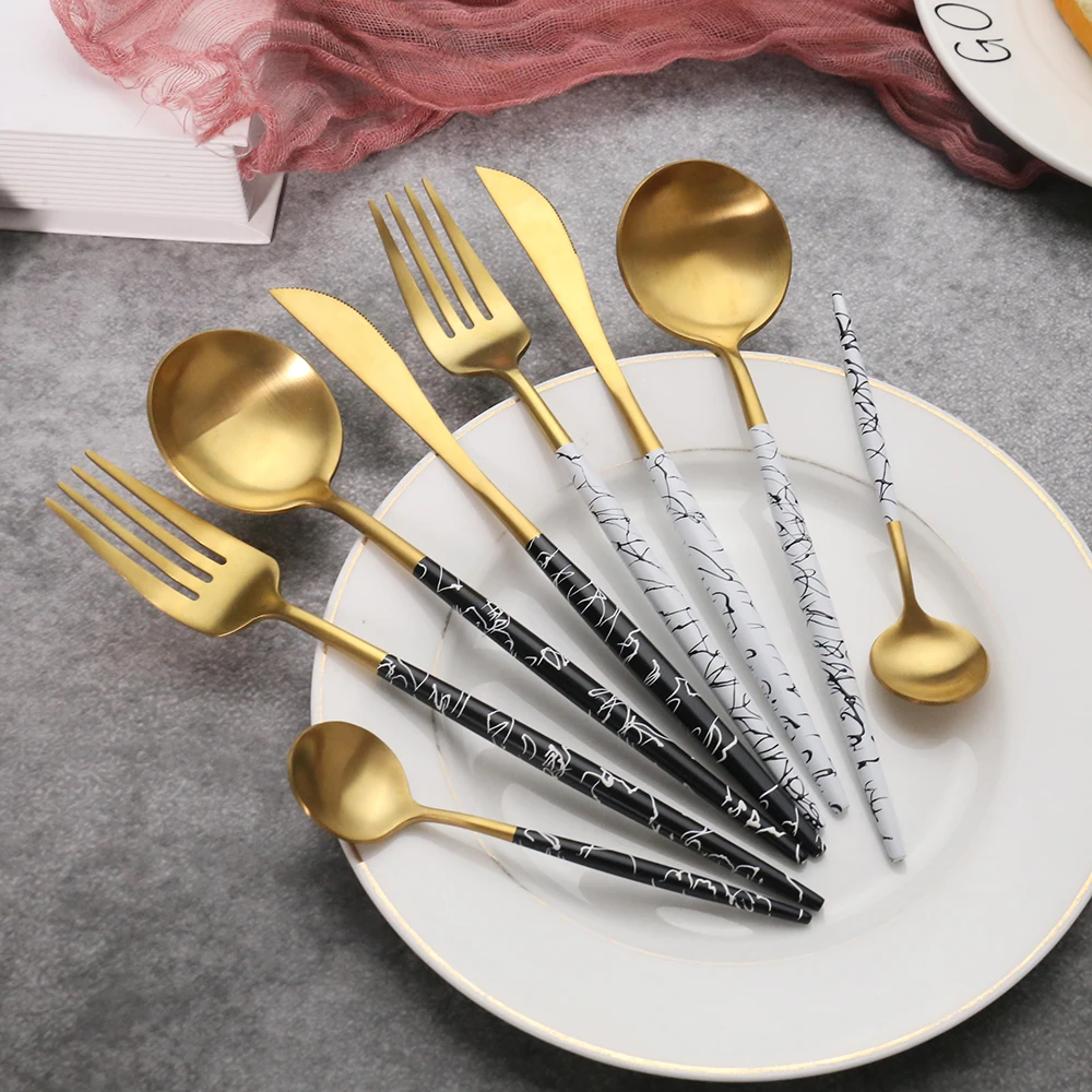 
Eco-friendly Gift Marble handle Copper Stainless Steel Flatware wedding cutlery set 
