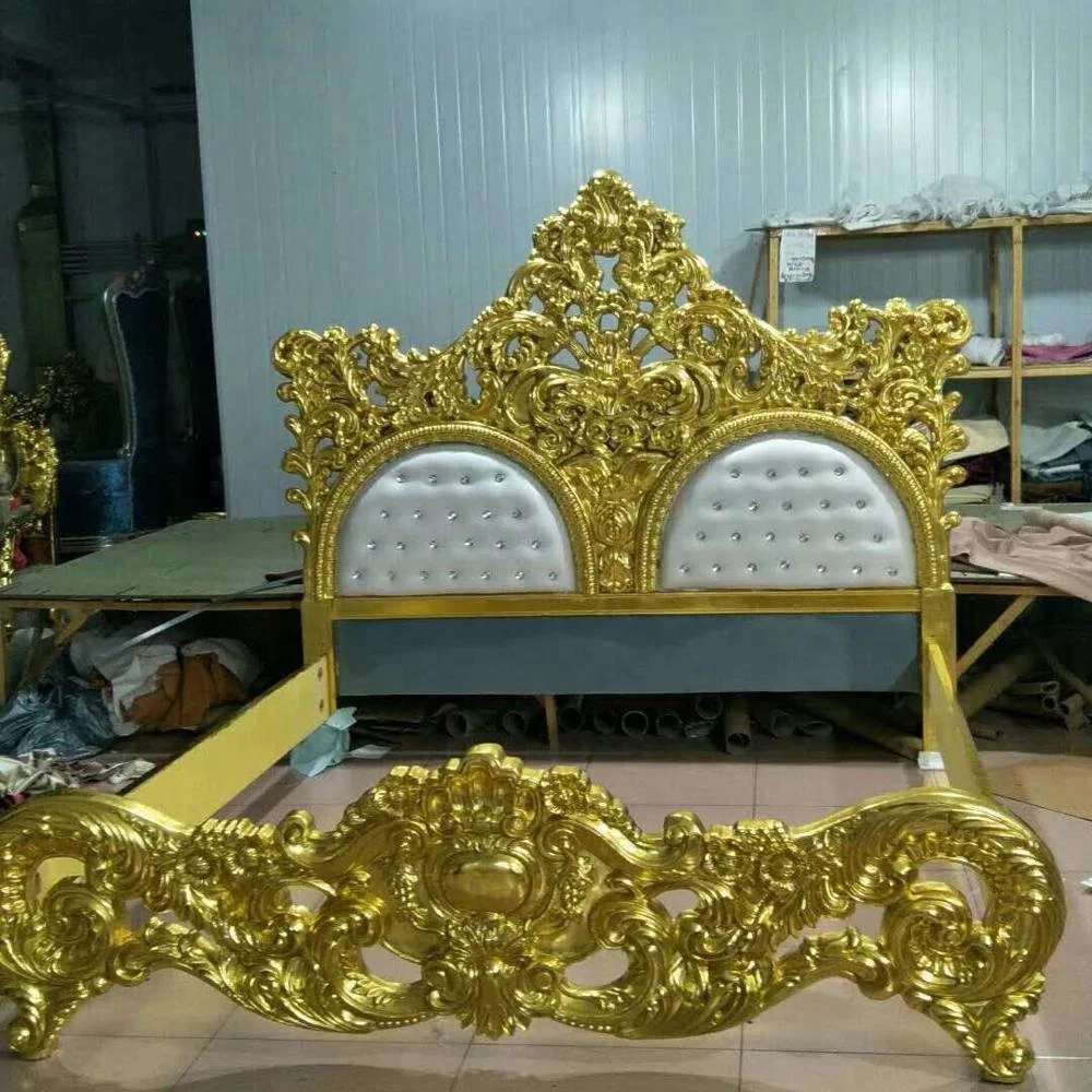 
home furniture Italian classical gold foil flowers carved royal luxury bedroom set 