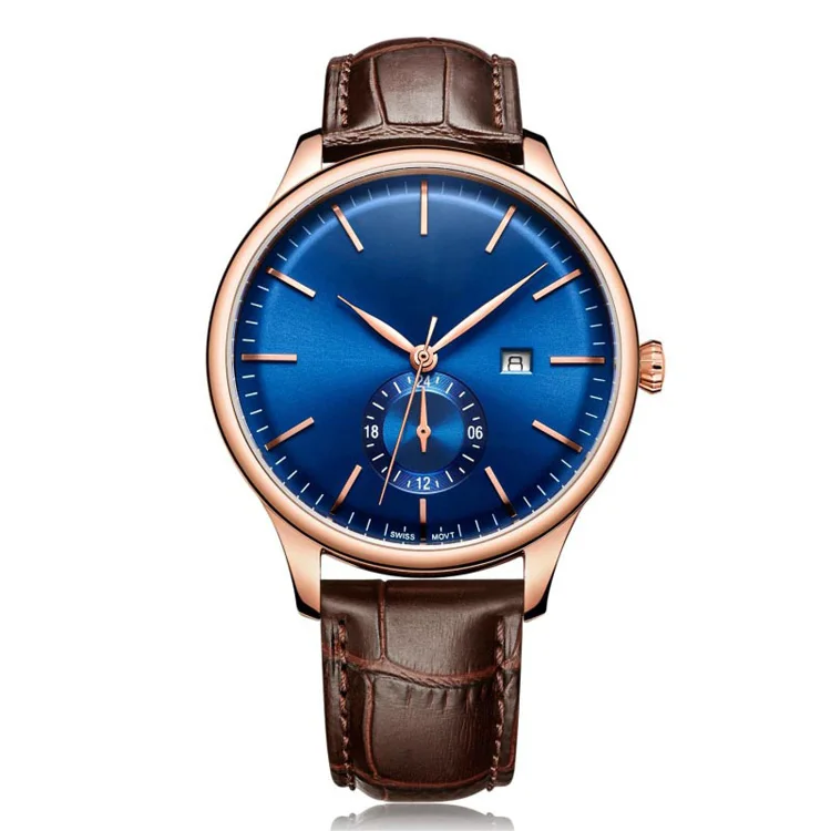 Shine Blue Sunray Face Real 3D Index Brown Leather Strap Date Window Show With Second Subdial Sport Stainless Steel Watch Men