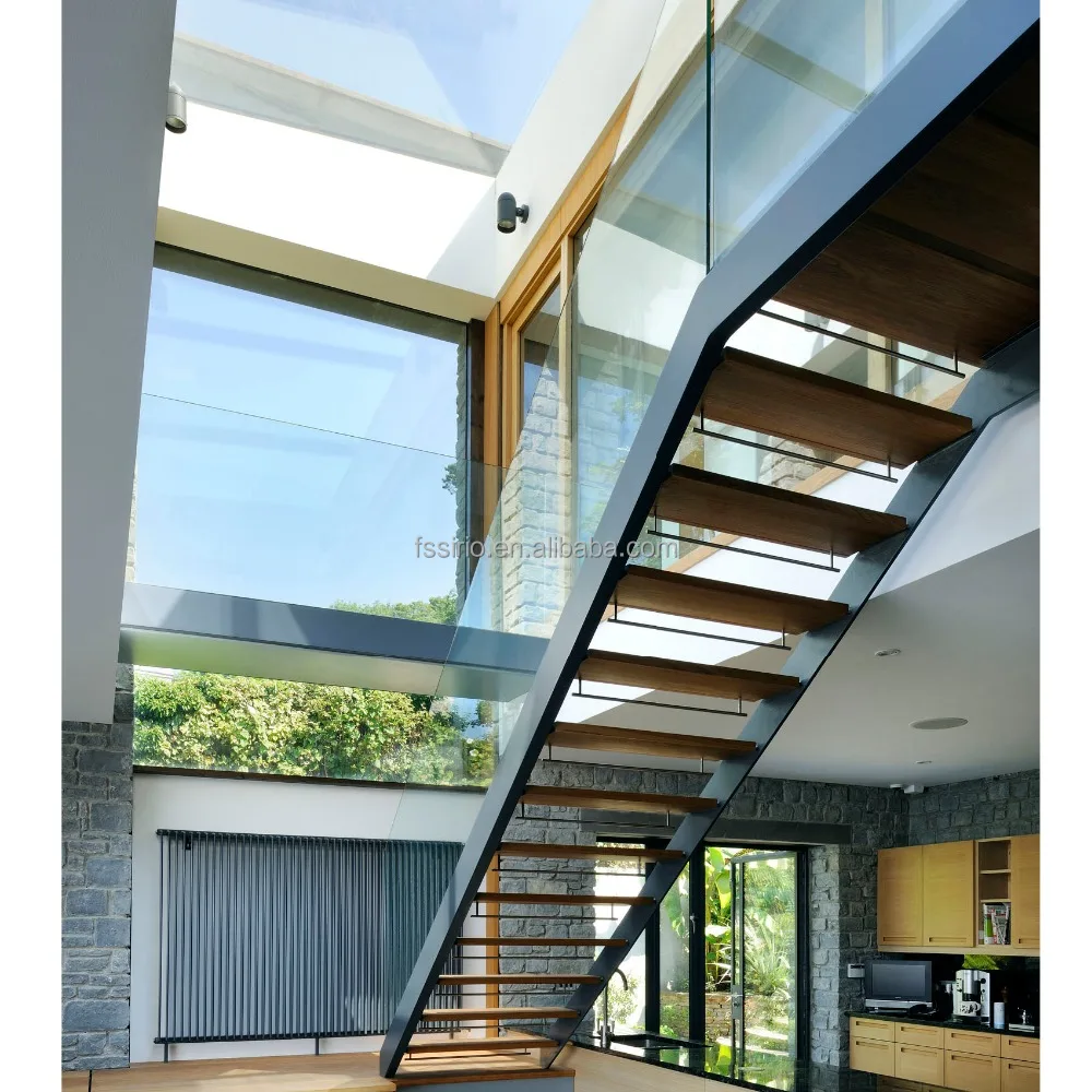 
Straight staircase design with solid wood treads or laminated glass treads indoor used 