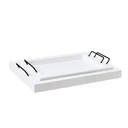 Set of 2 Country Rustic Vintage White Decorative   Wood Rectangular Nesting Serving Trays With Metal   Handles