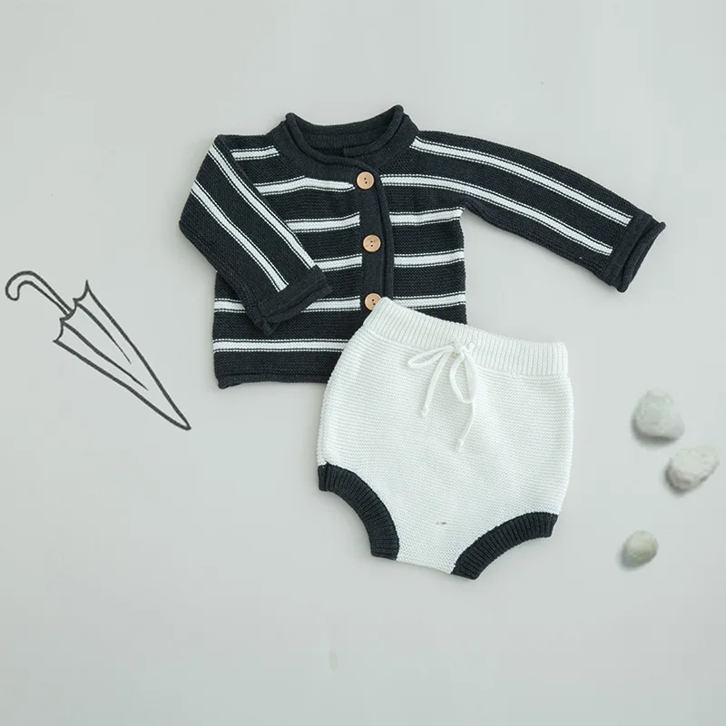 Spring knitted striped design baby outfits top sweater cardigan and trousers children clothes suit