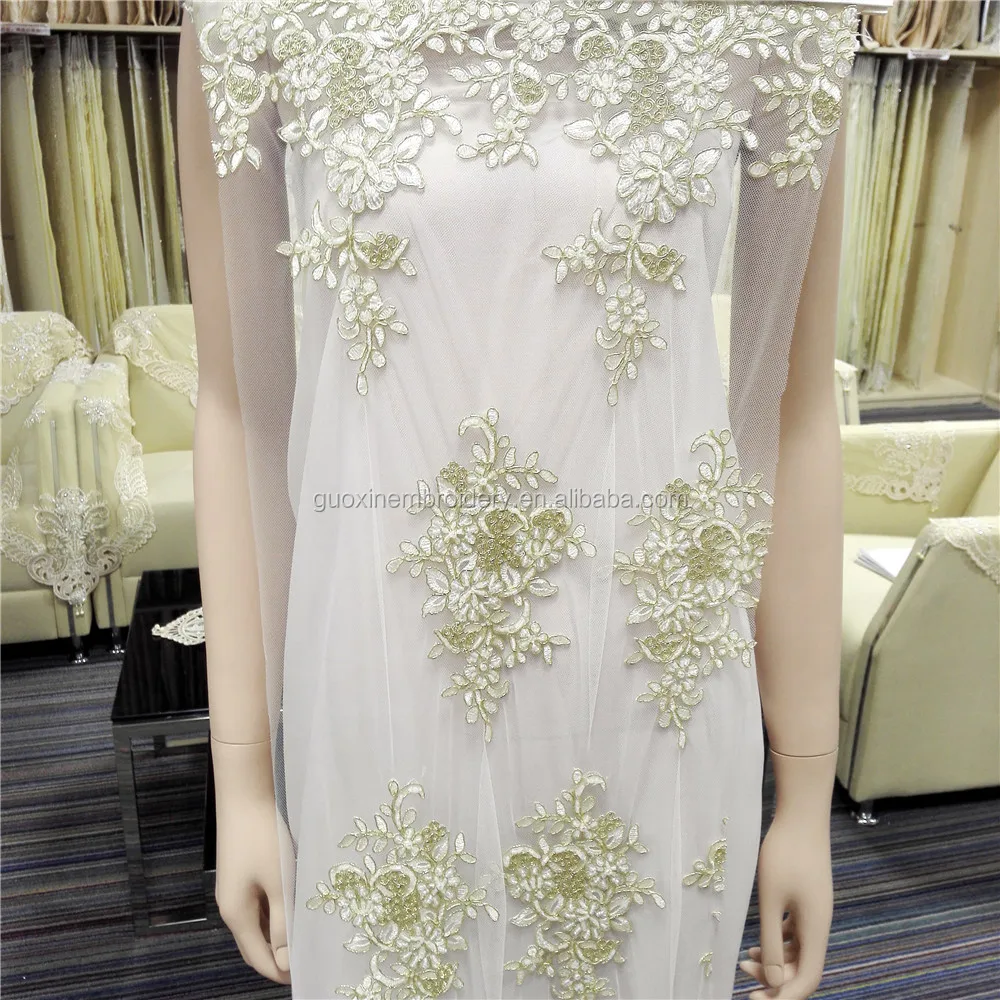Gold Corded Lace Tulle Floral Embroidery Gauze lace about 52 'Wide for Wedding Dress