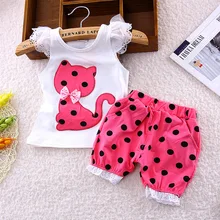 Europa 2016 nuevo verano de los niños ropa de los bebés del arco del gato camiseta + pantalones cortos traje 2 unids niños polka dot ropa traje 1-4 años