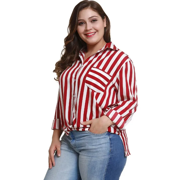 2019 Factory Price latest design Striped Button Design Plus Size Shirt for women blouse with pocket