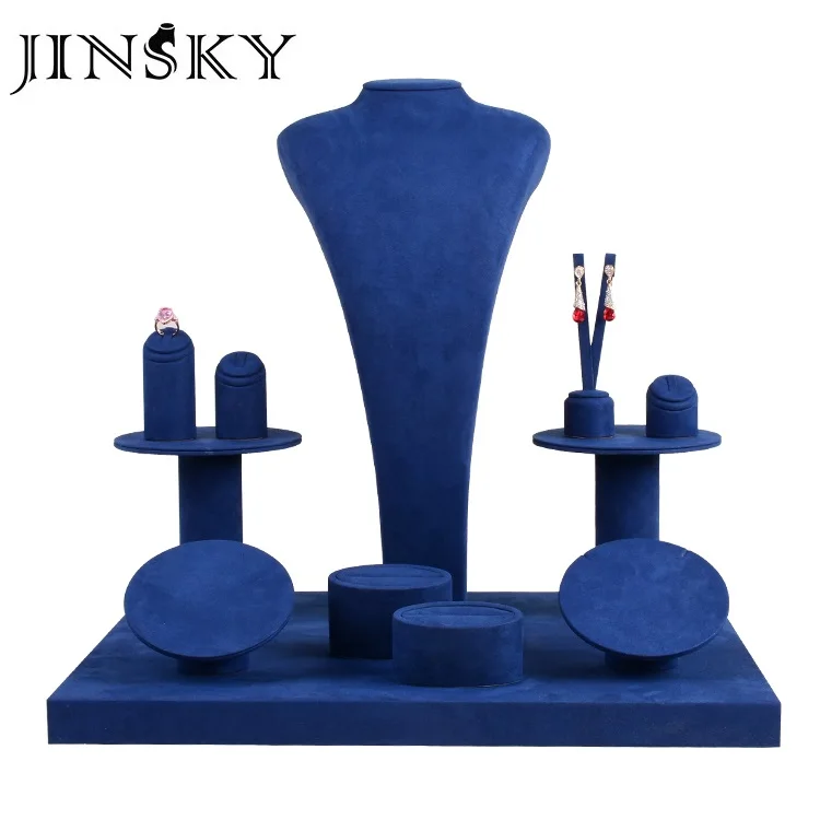 JINSKY изготовленный на заказ замшевый синий ювелирный дисплей деревянная Серьга стенд набор витрины для