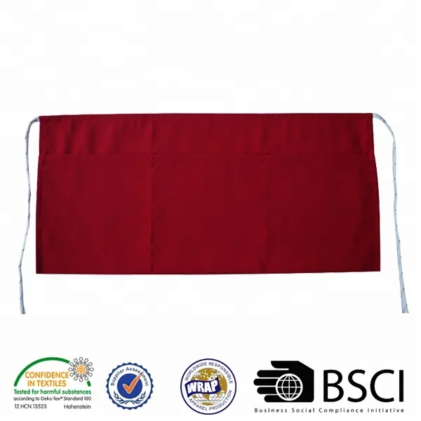 Wholesale Cheap 100% MJS Spun Polyester Waist Apron and Restaurant Bistro with 3 Pockets Waitress or Waiter Apron