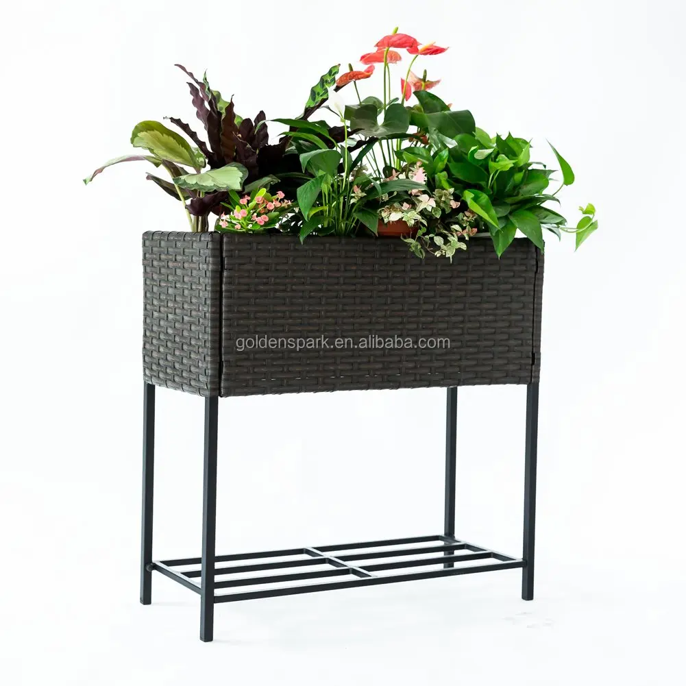 Wicker Plant Stand Indoor Outdoor Raised Rectangular Planter Box, Elevated Flower Pot Stand Holder with Shelf, Black Metal Frame