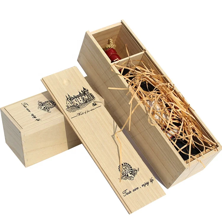 One bottle wine packaging wood boxes Wholesale raw wooden wine box with slide lid