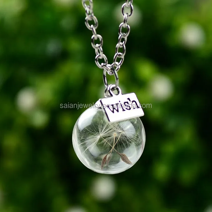 Natural dandelion seed glass bottle necklace long necklace Make A Wish Glass Bead Pendant