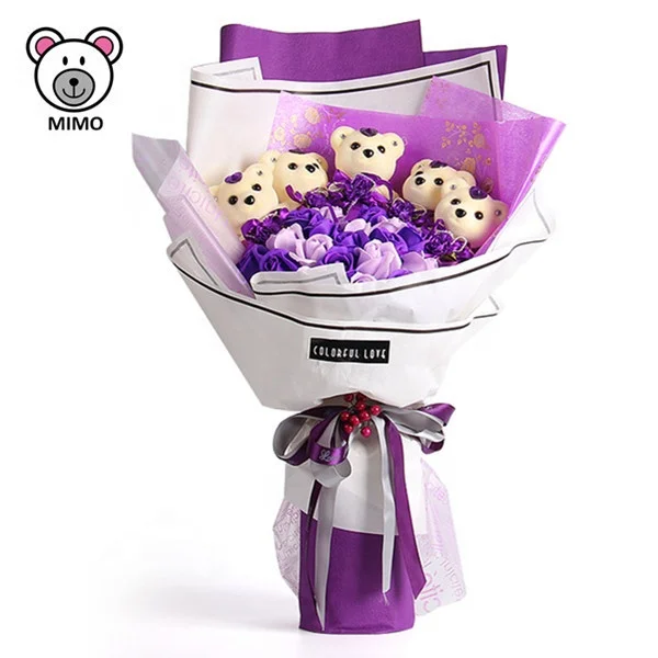 Pretty Purple Girl Soft Plush Toy Teddy Bear Artificial Flower Bouquet New Wedding Valentine Gift Stuffed Teddy Bear For Bouquet