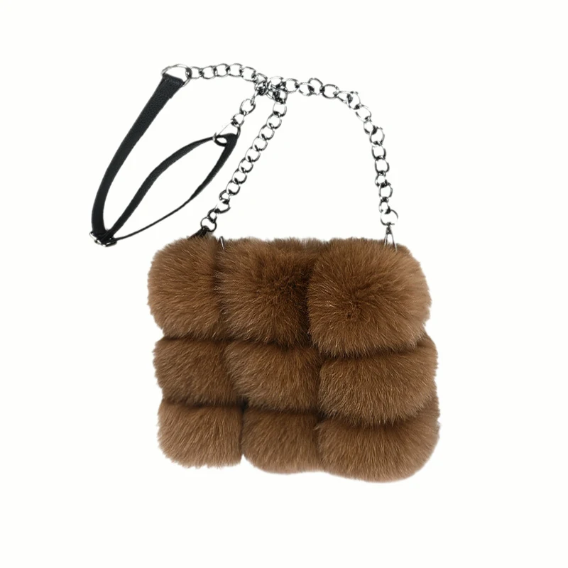 Custom Design Lady Handbag Real Fox Fur Bag Long Metal Chain Shoulder Bag