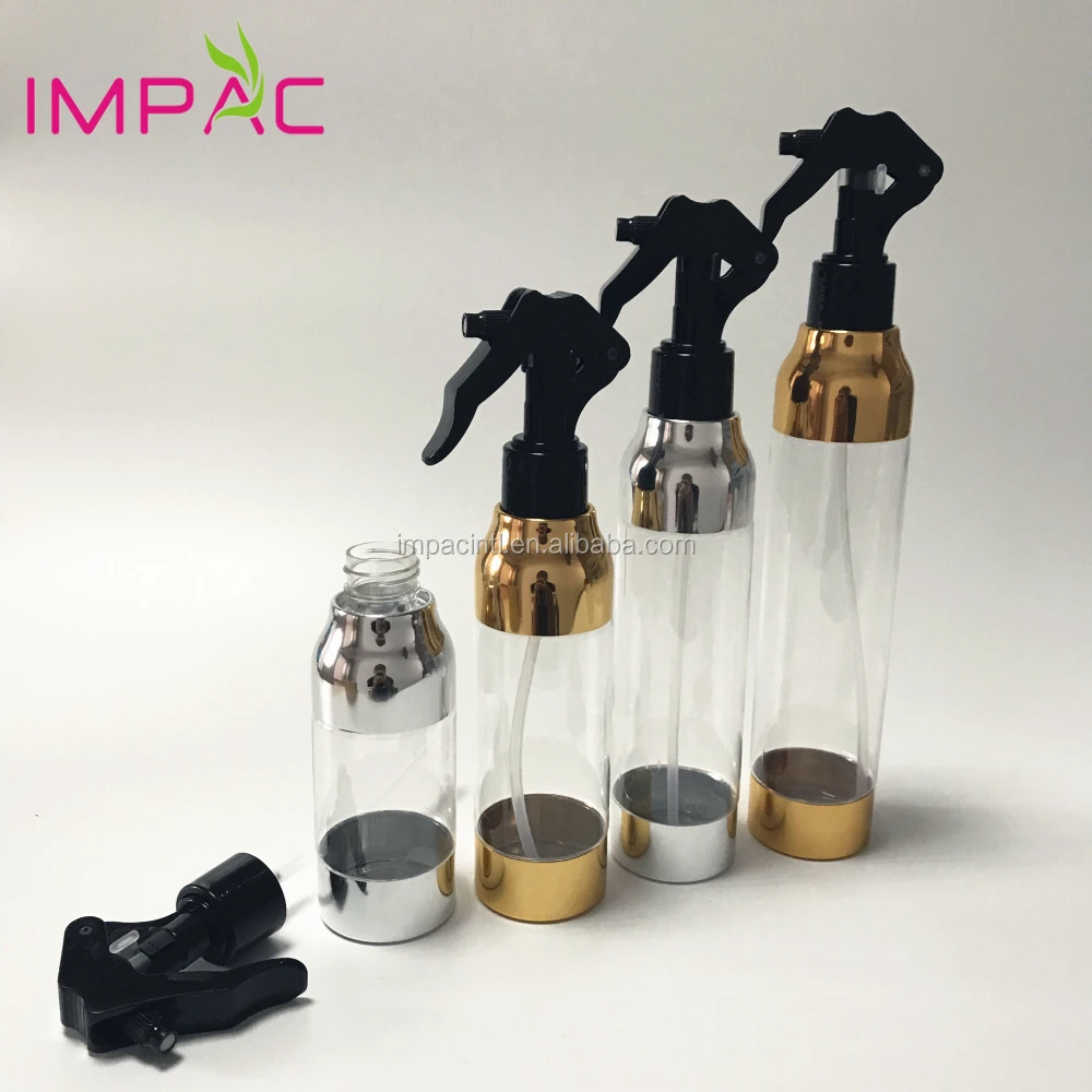 Luxury golden shoulder PET plastic 150ml hair spray bottle with trigger