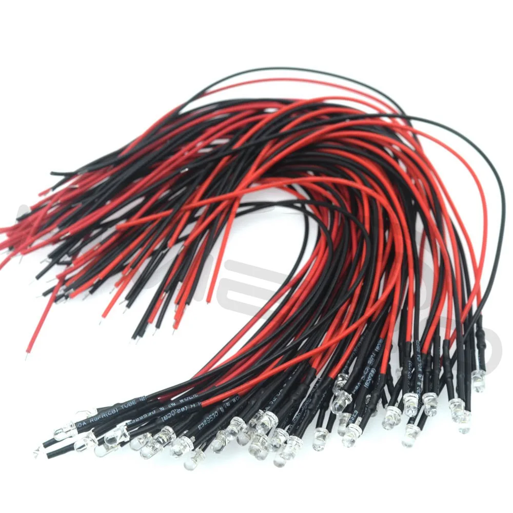 F3 3mm 20cm Pre wired LED Round light lamp bulb chip beads cable DC 12V Red  Emitting Diodes