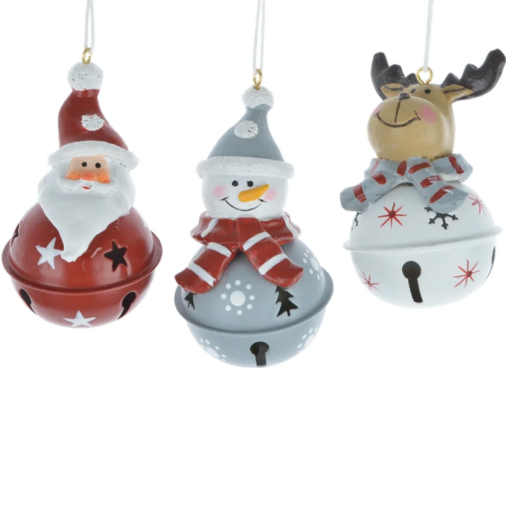 Wholesale Christmas return gifts resin santa claus snowman reindeer figurines hanging decorations with metal jingle bell ball