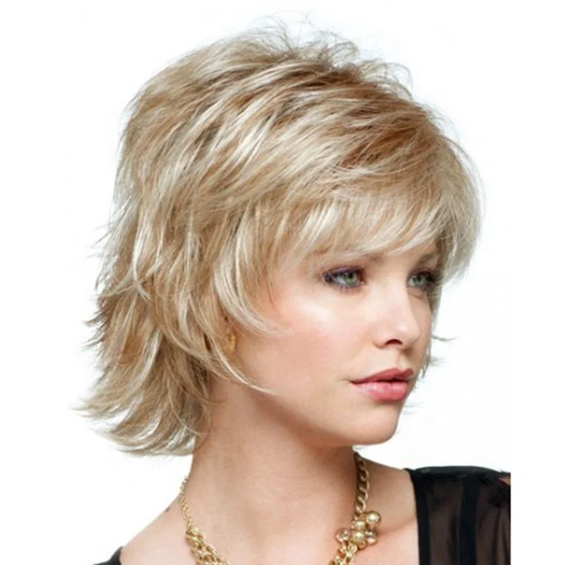 Wholesale  short Straight Hair mix blonde with white color  fiber synthetic Hair Wigs for women