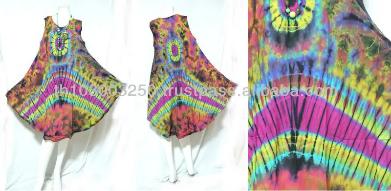 
Vintage Retro Thai Style HIPPIE BOHO FULL Tie Dye Handmade Polka Dot Butterfly Bat Wing Kaftan Tank Dress 