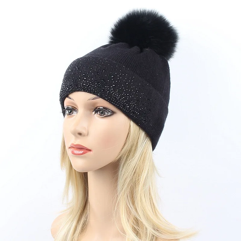 Fashion Knitted Rhinestones Beanie Hat For Women Soft Winter Bling Beanie Hat