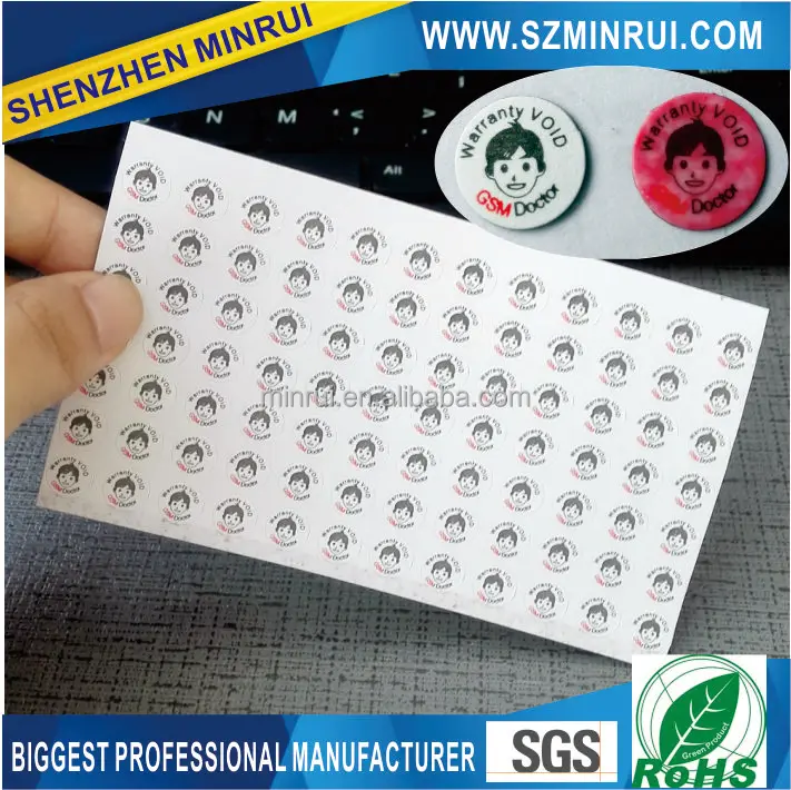 8mm Water indicator color change mobile phone warranty sticker with two colors printing