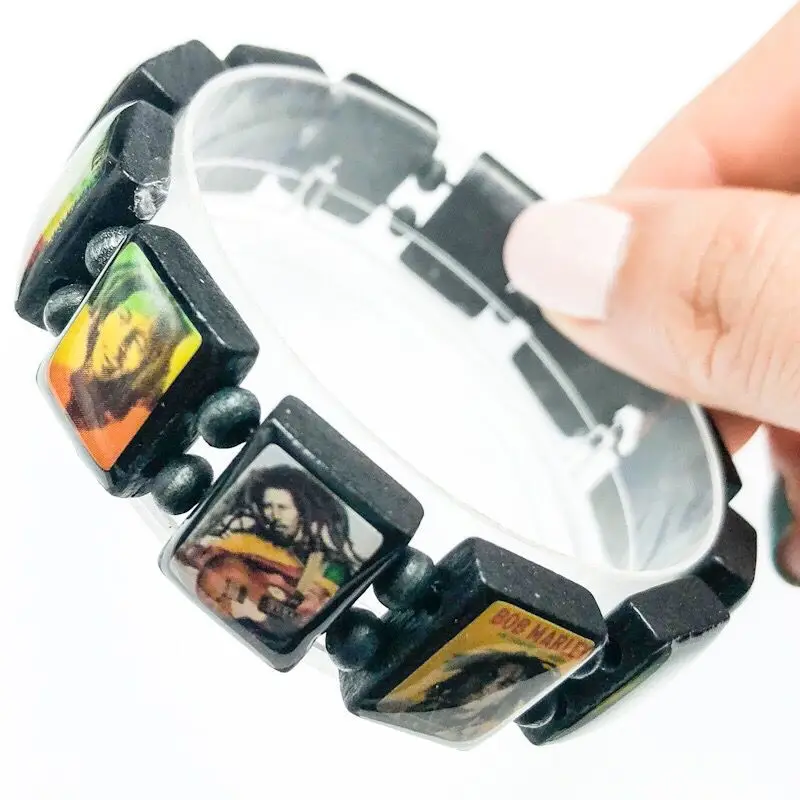 12*15MM wood panel black Bob Marley bracelet, icon bracelets assembled by wooden beads