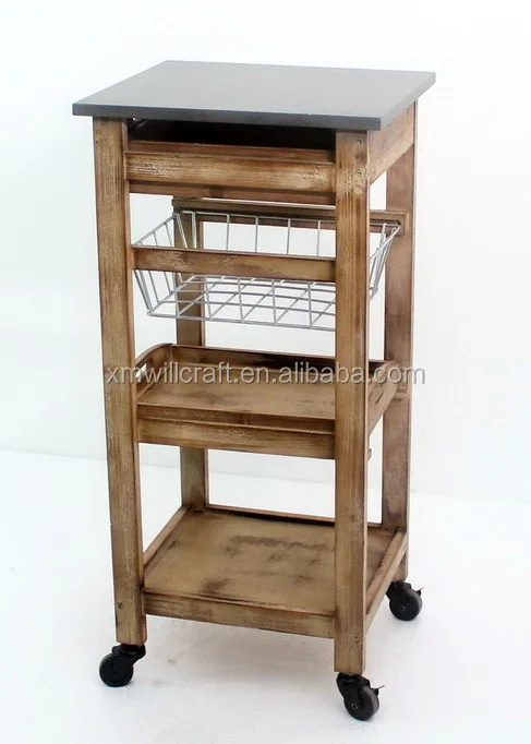 
kitchen wooden trolley with basket and tray 3 drawers Food Trolley Cart 