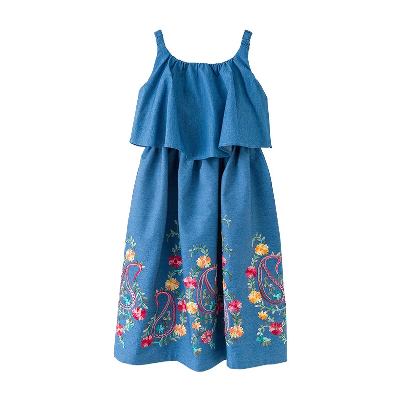 Vintage Teen Girls Summer Casual Dress Blue cowboy embroidery kids girl dress